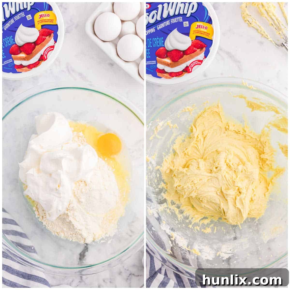 Cool Whip cookie dough being mixed in a bowl, showing its sticky texture before chilling.