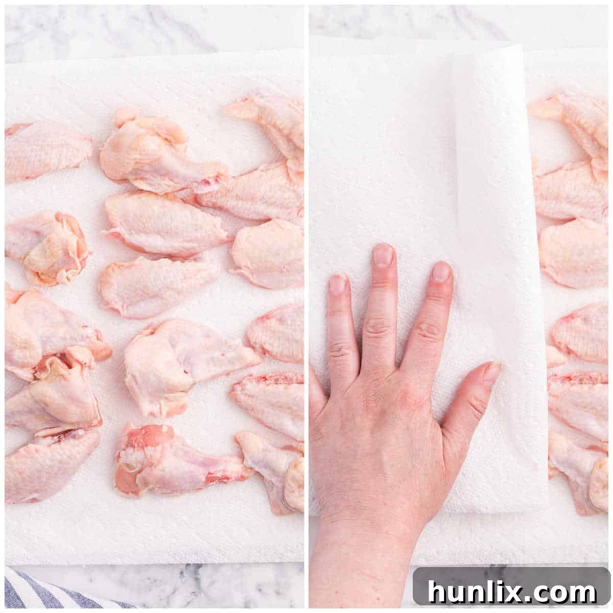 Collage of preparing the raw wings.