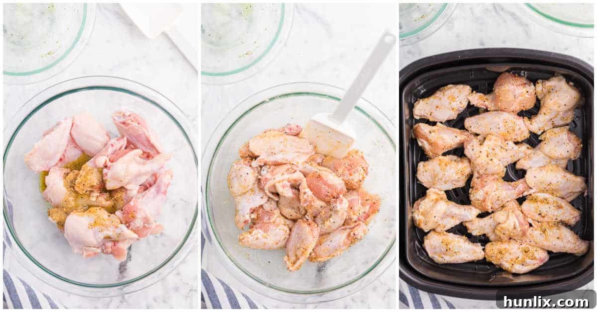 Collage of tossing the wings in the sauce and cooking in the air fryer.