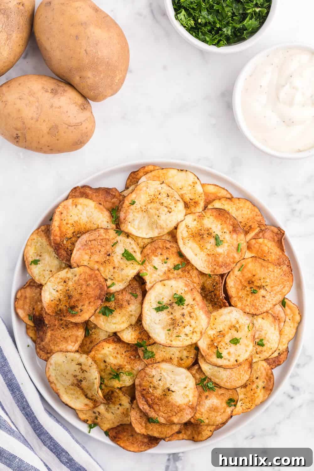Air Fryer Potato Chips on a plate, showcasing their golden crispiness.
