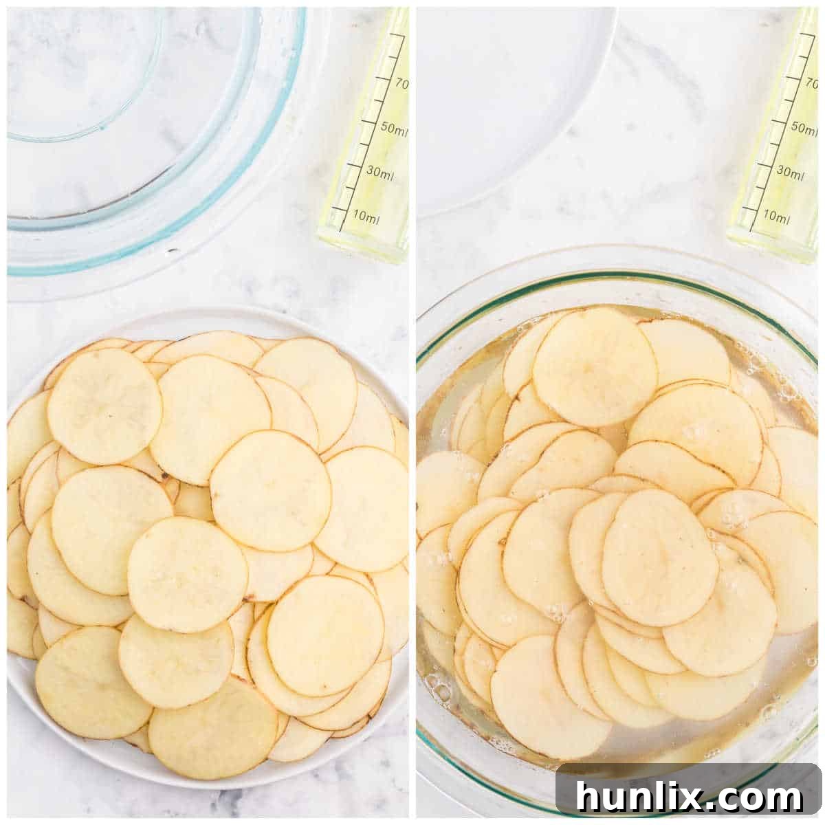 Collage of the potato slices in a bowl, showing the soaking process.