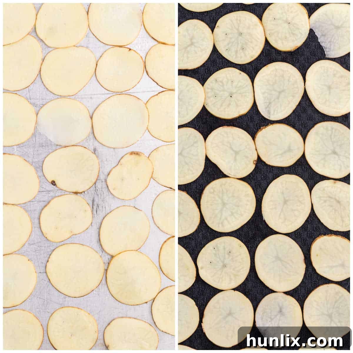 Collage of the potato slices laid out on a pastry mat and baking sheet, ready for seasoning.