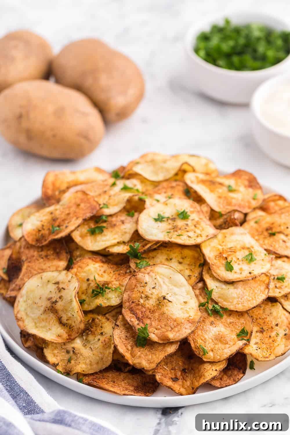 Air Fryer Potato Chips presented beautifully on a white plate.