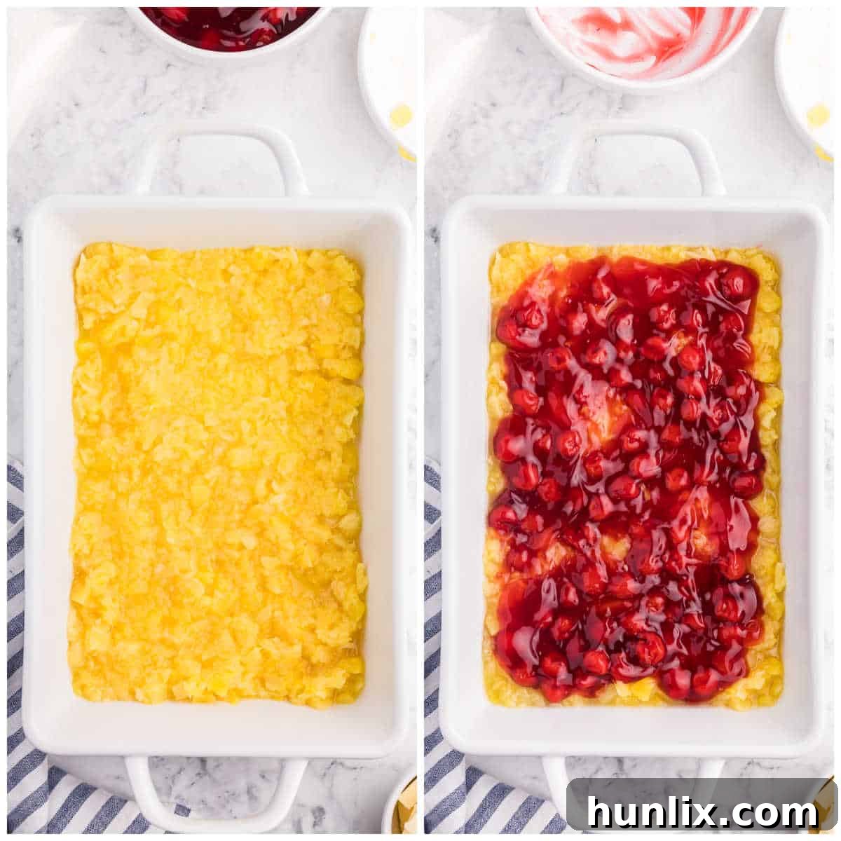 A collage showing the first steps of layering ingredients: greasing the pan, spreading pineapple, and then spreading cherry pie filling.