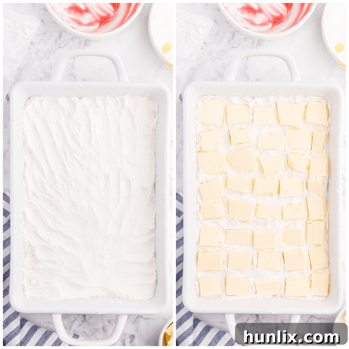 A collage showing the final layering steps: sprinkling cake mix, arranging butter slices, and the baked dump cake.