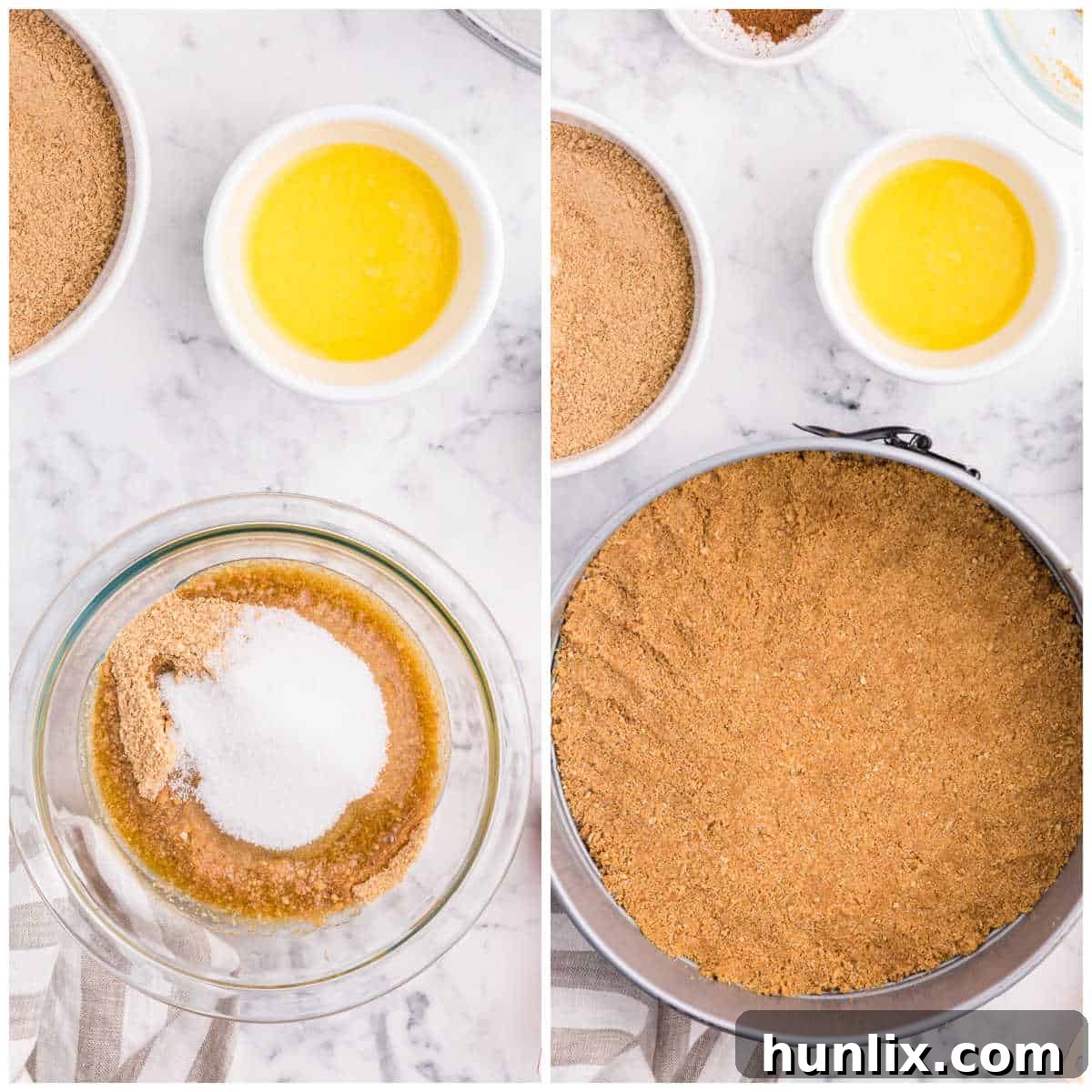 Detailed shot of graham cracker crust being pressed into a springform pan for the bottom layer of cheesecake.