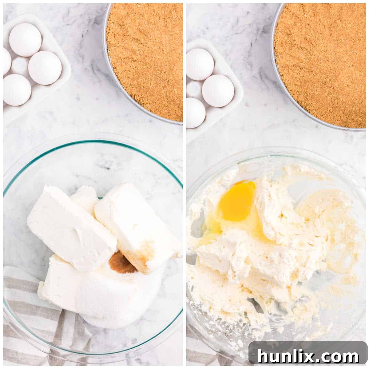 Cream cheese, vanilla, and sugar being beaten in a large mixing bowl to create the cheesecake filling.