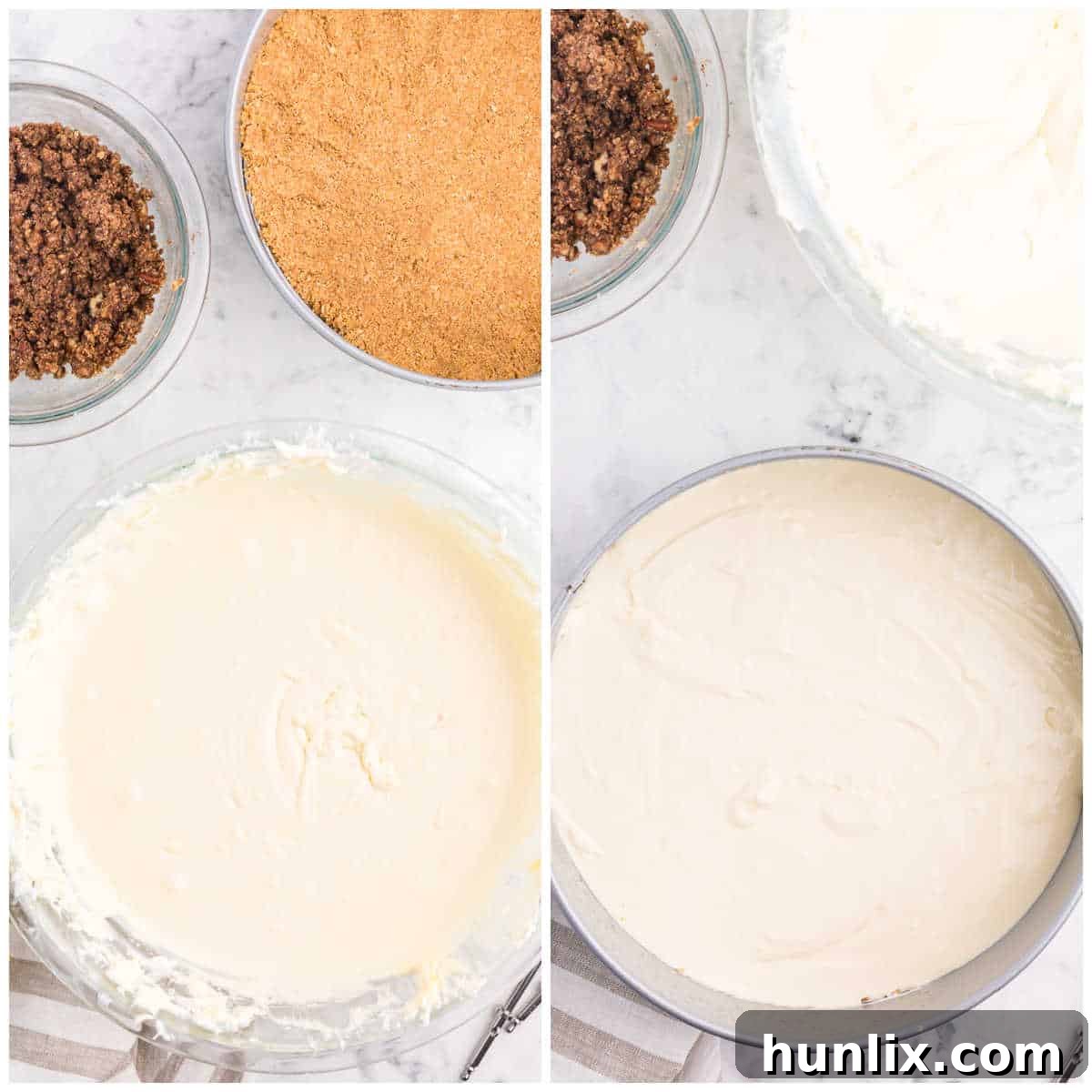 First layer of cheesecake filling poured over the crust in a springform pan, ready for the next layer.