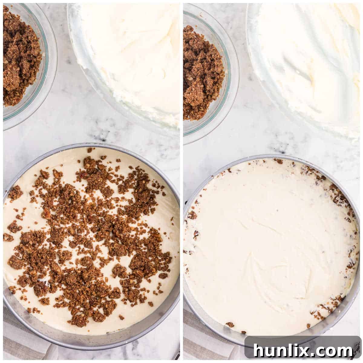 Layers of cheesecake filling and cinnamon crumble being assembled in a springform pan.