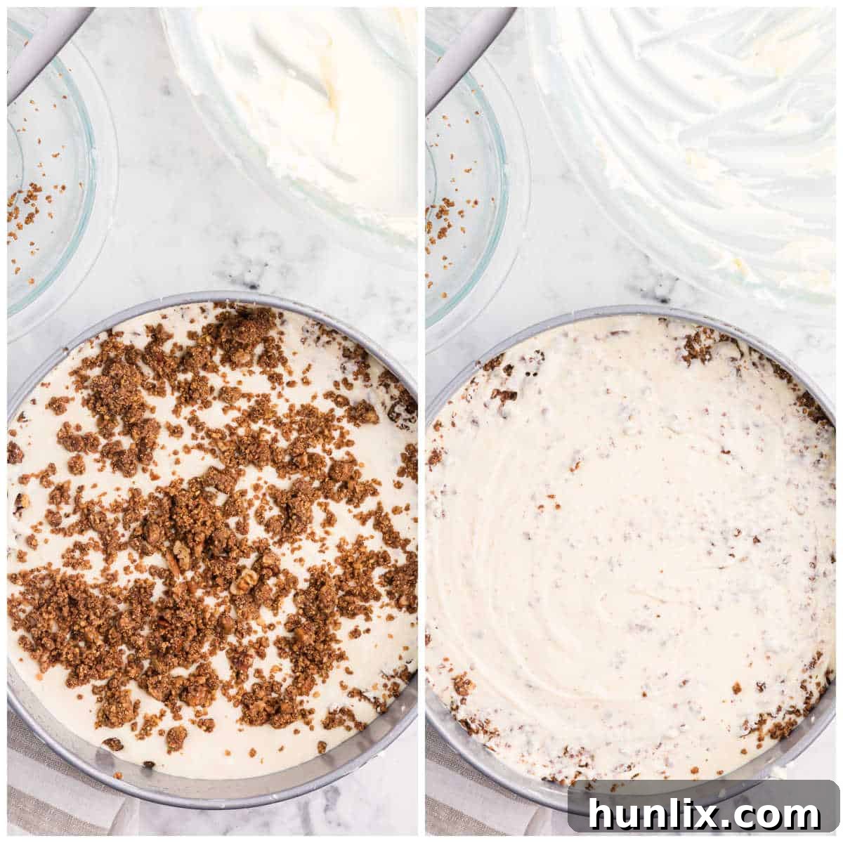 A beautifully assembled cinnamon roll cheesecake in a springform pan, ready for baking.