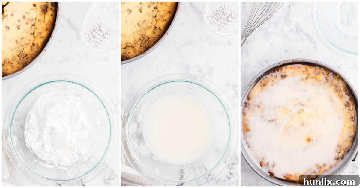 Sweet milk and powdered sugar being whisked together in a bowl to create the perfect cheesecake glaze.