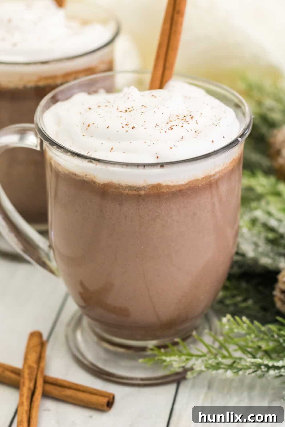 Close-up of cinnamon hot chocolate in a glass mug, showing the creamy texture and a dusting of cinnamon.