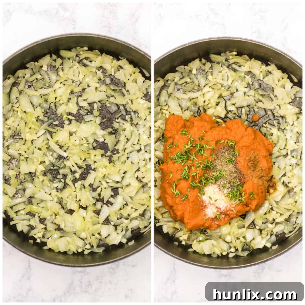 Close-up of a pot on the stovetop showing pumpkin puree and spices being stirred, illustrating the initial steps of making pumpkin soup.