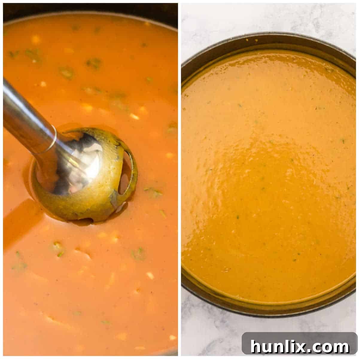 A finished bowl of creamy pumpkin soup being garnished with fresh parsley and pepitas.