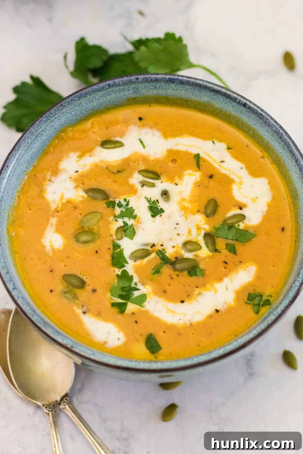 A rustic bowl of creamy pumpkin soup garnished with a swirl of cream and fresh herbs, presented elegantly on a dark background.