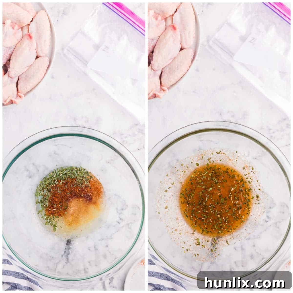 A collage showing the preparation of the marinade: individual spices are laid out, then mixed in a bowl with oil and lemon juice.
