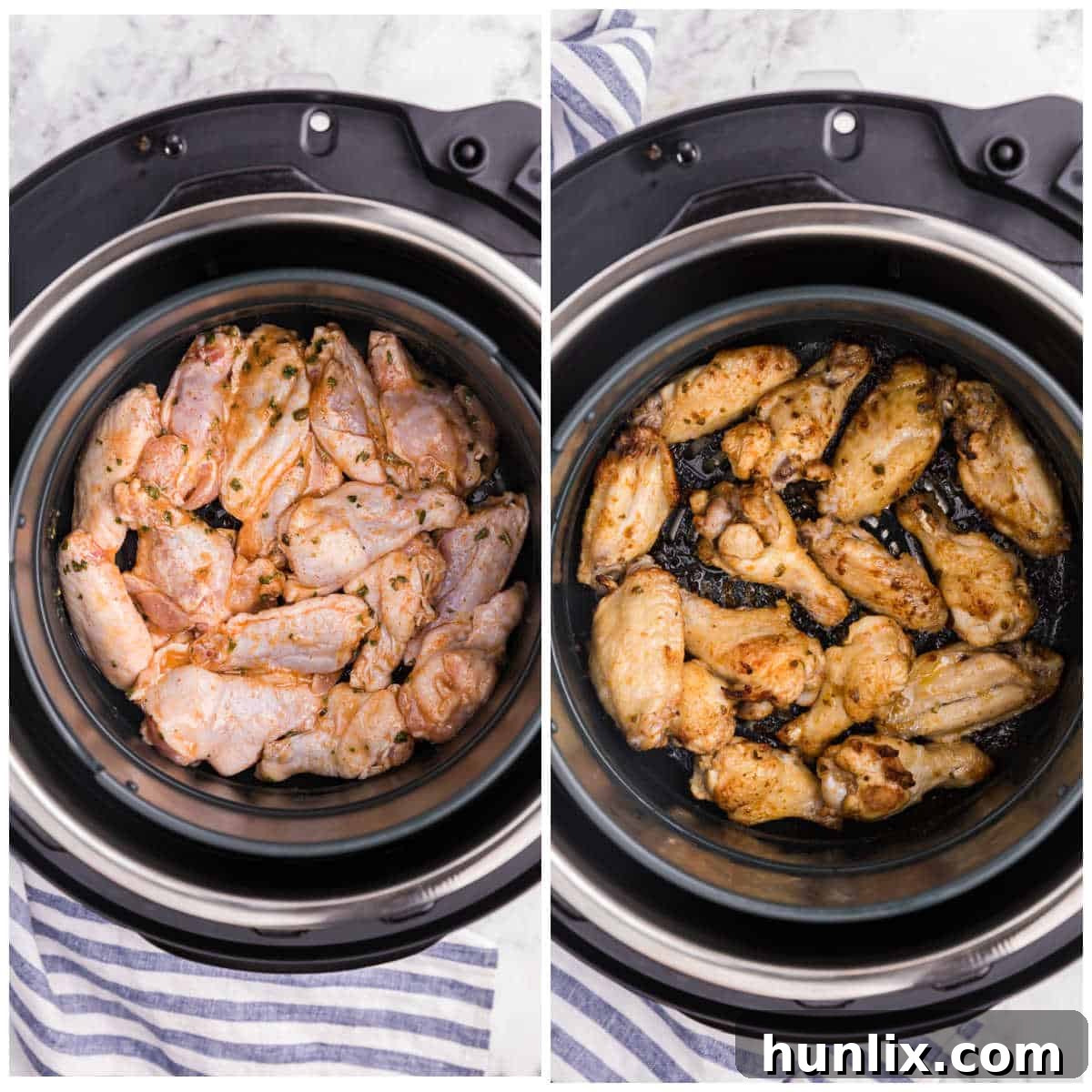 A collage depicting the air frying process: raw marinated wings in the air fryer basket, and then perfectly cooked, golden-brown wings.