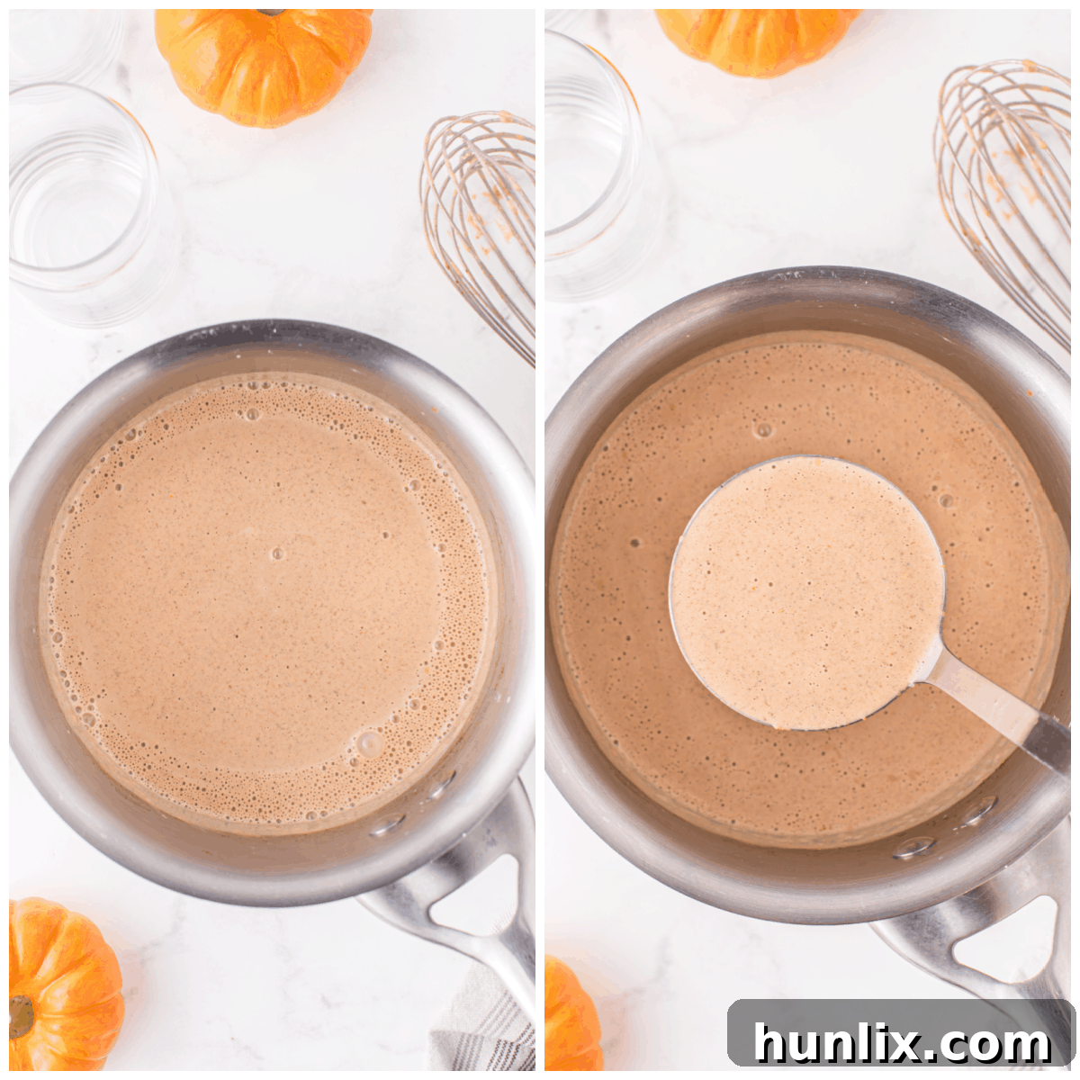 Velvet Pumpkin Coffee Swirl 5 A collage showing the simmering process of the homemade pumpkin spice creamer in a pot, demonstrating continuous stirring.