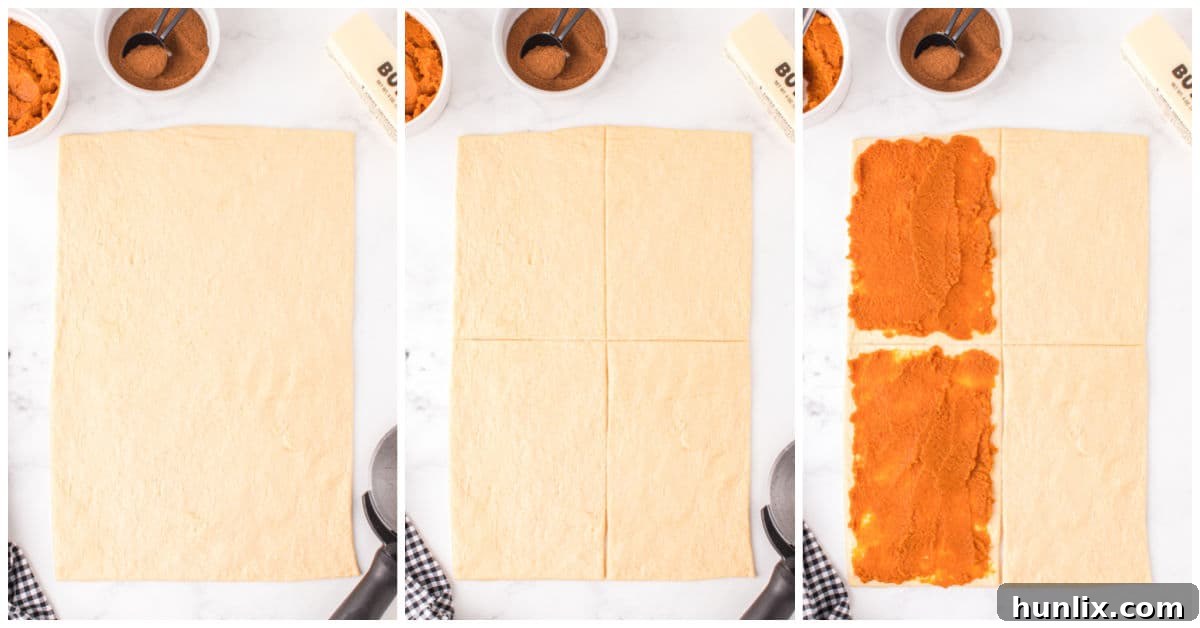 A visual collage showing the stages of unrolling crescent roll dough and then carefully adding pumpkin filling to half of the squares.