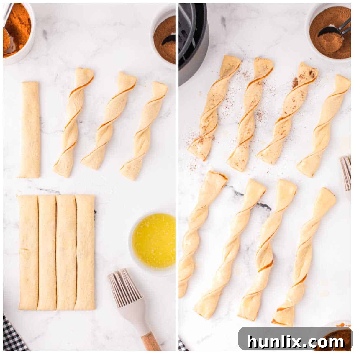 A collage demonstrating the process of twisting the dough strips and coating them with melted butter and cinnamon.