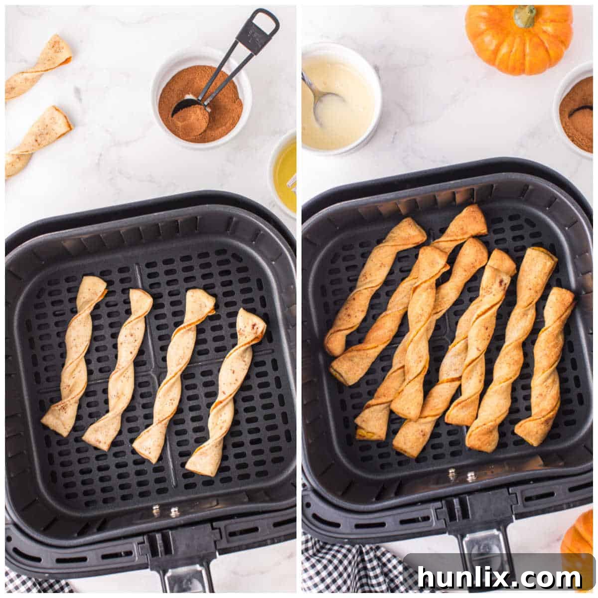 A visual collage illustrating the air frying process, showing the pumpkin twists inside the air fryer basket as they cook to a golden crisp.