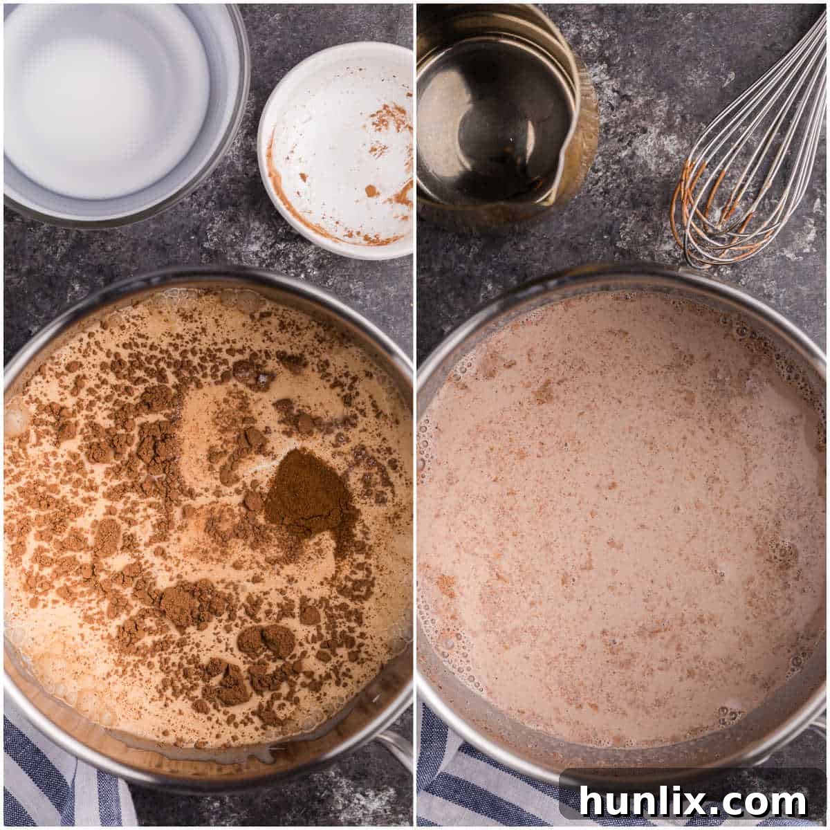 Collage showing the process of combining and whisking ingredients to make the creamy chocolate base for the latte.