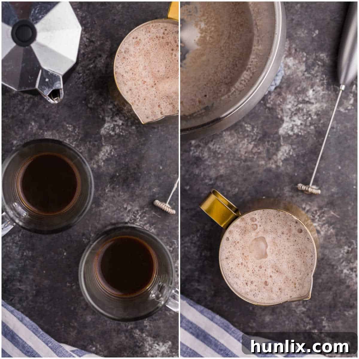 Collage showing the frothing process of the chocolate milk mixture for the mocha latte.