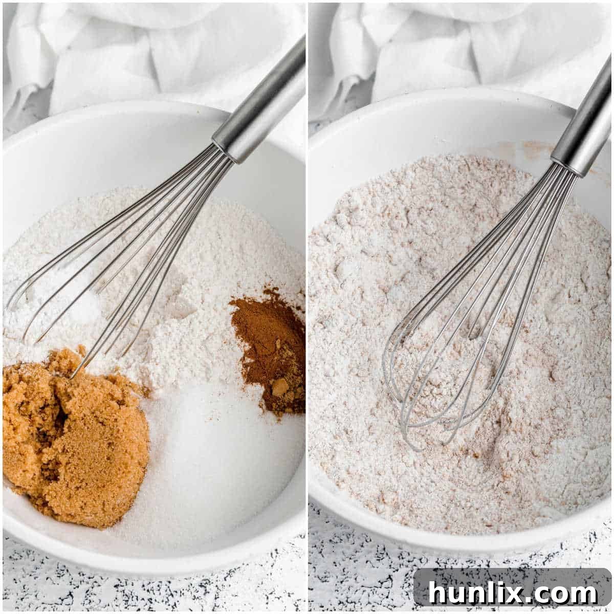 A close-up shot of dry ingredients for apple cider donuts being mixed in a large bowl, showing the flour, sugars, and spices creating a fragrant blend, ready for wet ingredients.