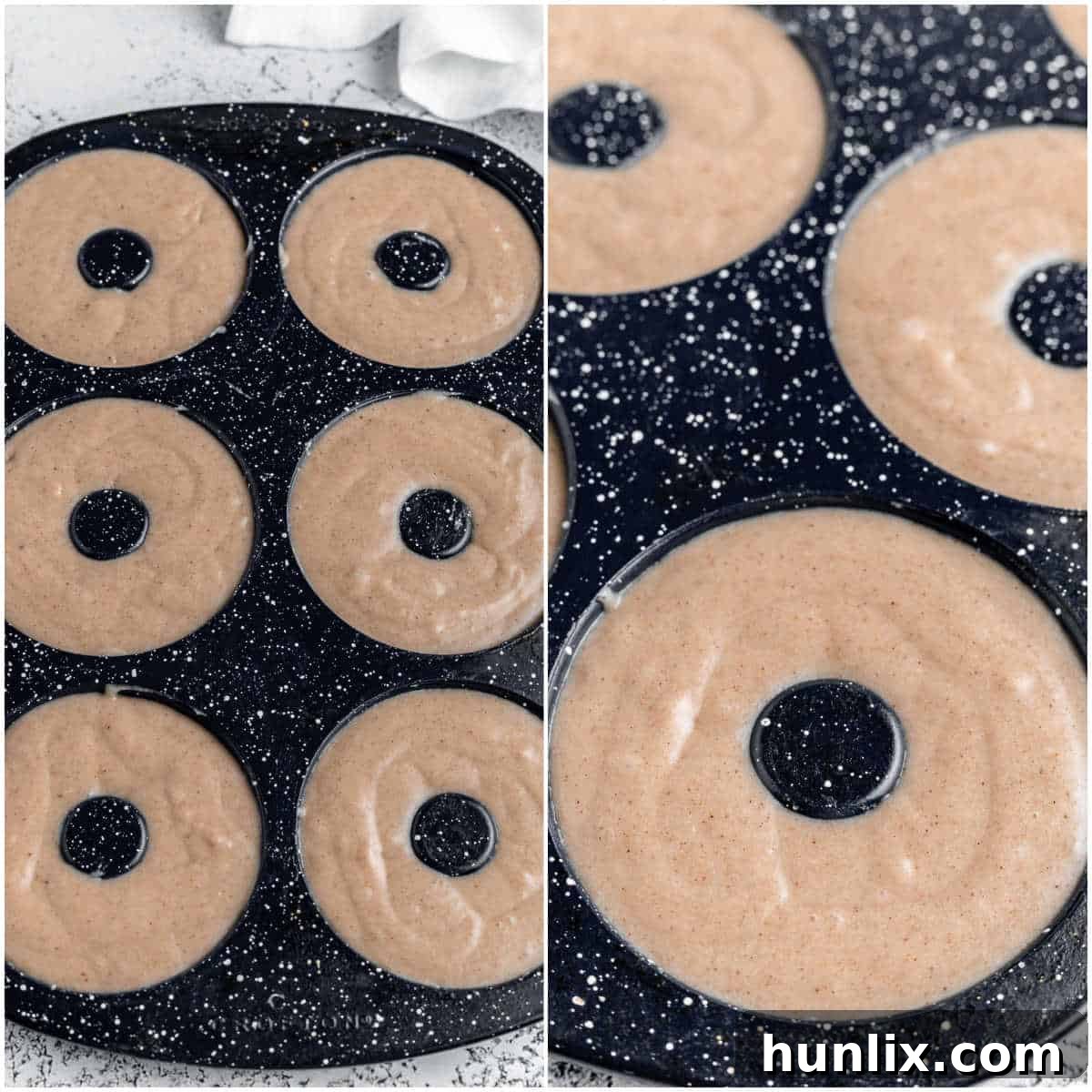 A piping bag carefully filling the cavities of a donut pan with apple cider donut batter, ensuring even distribution and preparing them for baking.