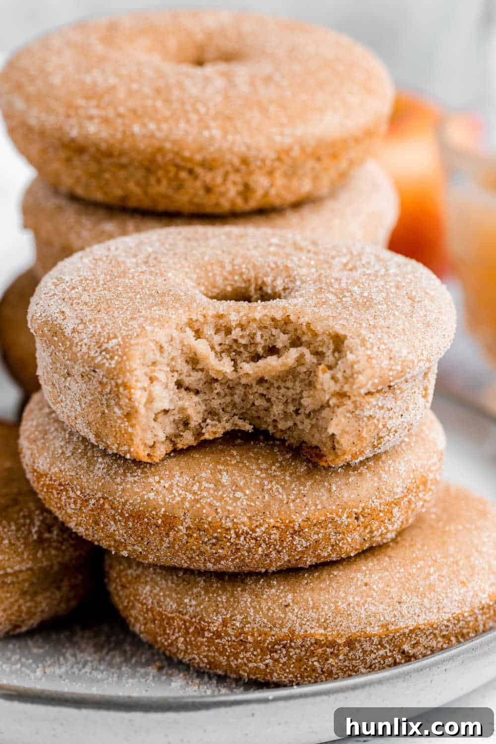 A beautifully composed shot of stacked baked apple cider donuts on a plate, with one donut showing a missing bite, highlighting its soft interior and perfect cinnamon sugar coating.