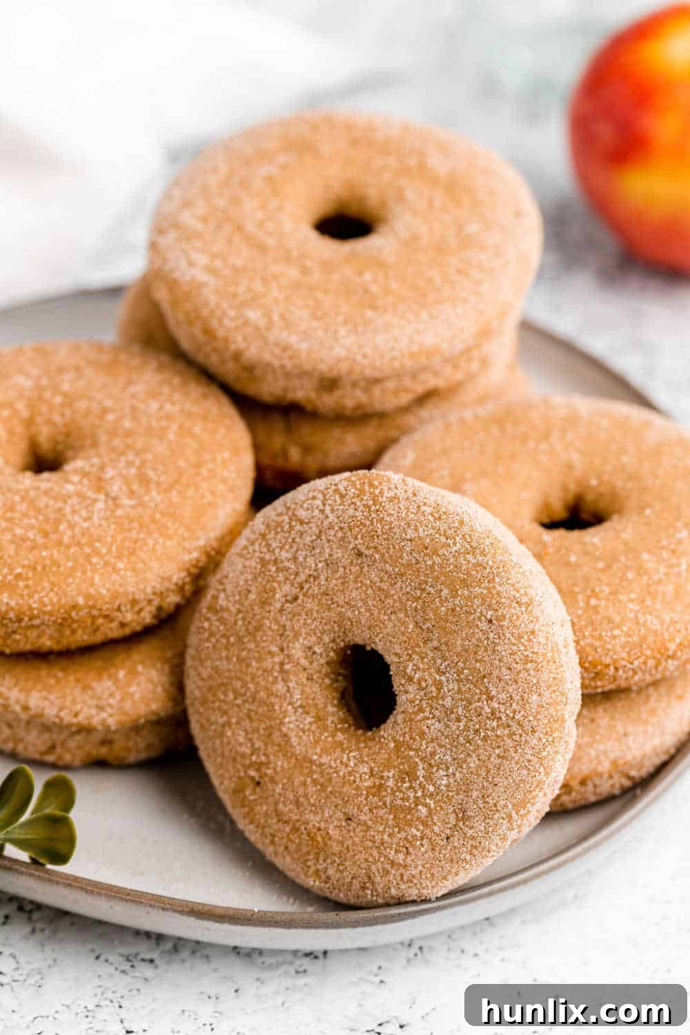 A plate of perfectly baked apple cider donuts, glistening with cinnamon sugar, set against a cozy fall backdrop, inviting viewers to savor the seasonal treat.
