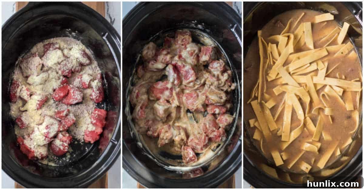 A collage of prep photos showing the step-by-step process of making slow cooker beef and noodles, from combining ingredients to adding noodles.