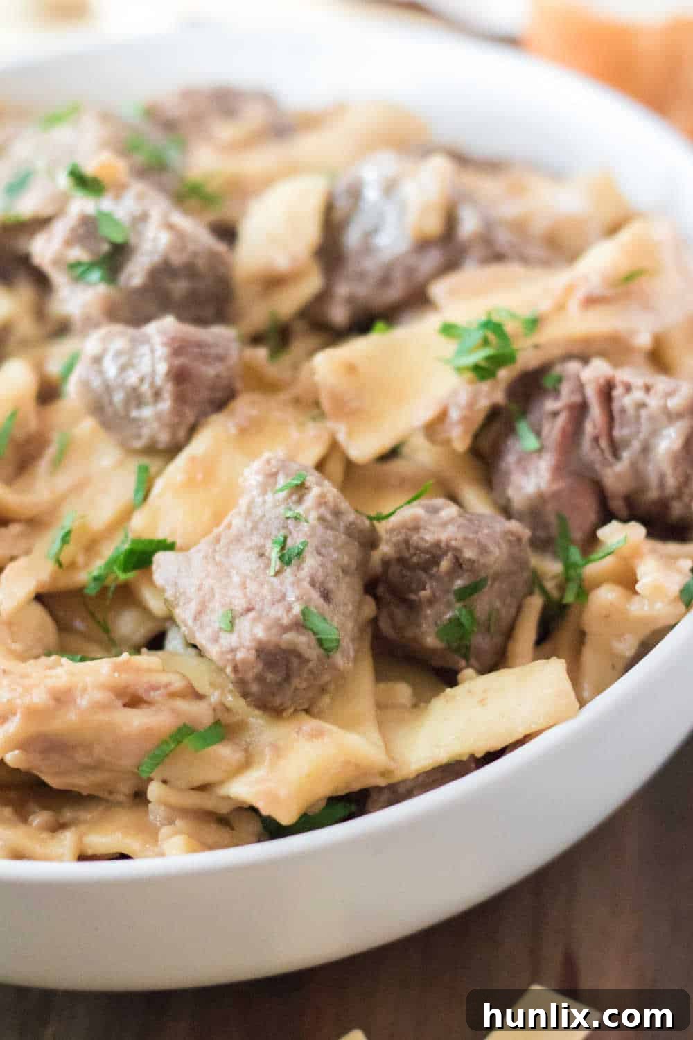 A close-up shot of the tender beef and rich, saucy noodles, highlighting the comforting texture of the dish.