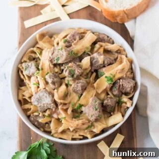 A generous serving of slow cooker beef and noodles in a white bowl, garnished with fresh herbs.