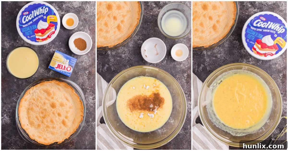 Collage showing steps for preparing the pie crust and mixing the eggnog pie filling.