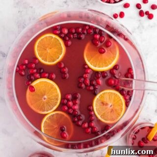 A bowl of the Christmas punch, garnished with orange slices and frozen cranberries.