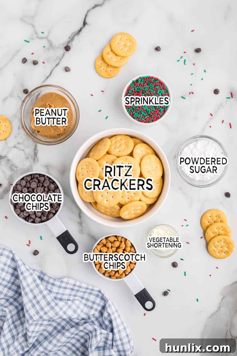 Ritz Cracker Delights 3 A simple array of ingredients for Ritz Cracker Cookies, including crackers, peanut butter, and chocolate chips.