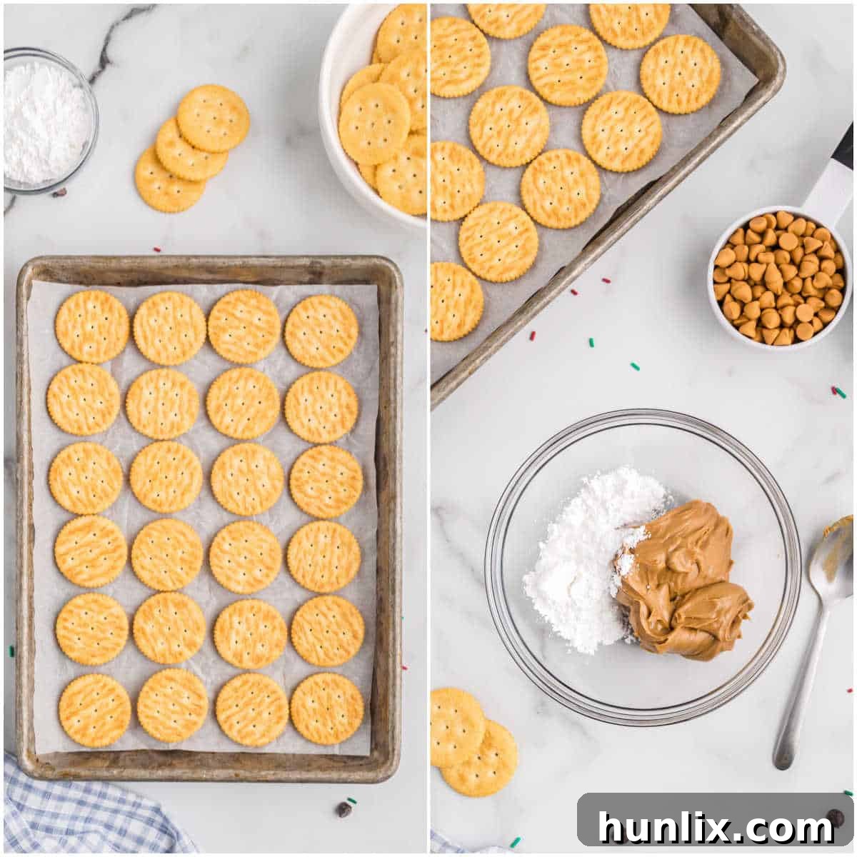 Ritz Cracker Delights 4 A bowl of creamy peanut butter filling being mixed for Ritz Cracker Cookies.