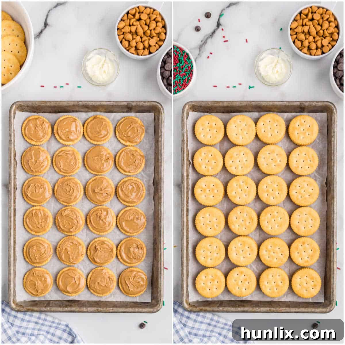 Ritz Cracker Delights 5 Assembled Ritz Cracker cookies with peanut butter filling, ready for chilling.