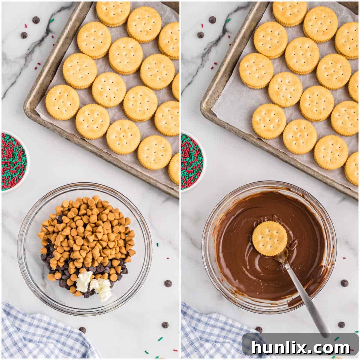 Ritz Cracker Delights 6 A Ritz Cracker cookie being dipped into melted chocolate with a fork.