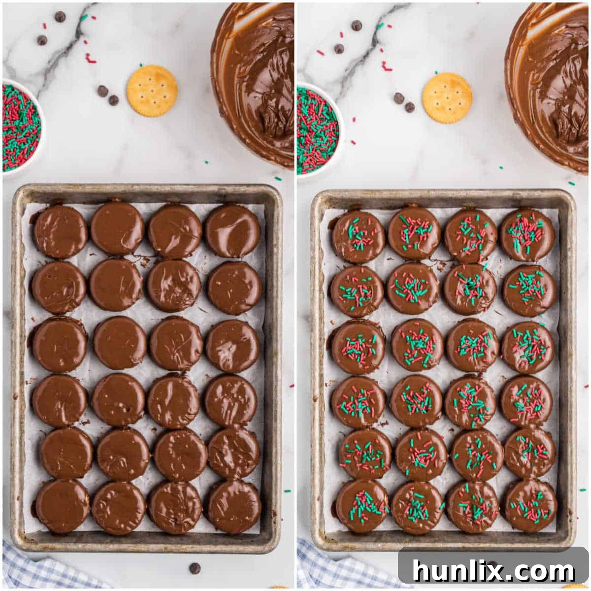 Ritz Cracker Delights 7 Freshly dipped Ritz Cracker Cookies adorned with colorful sprinkles, setting on parchment paper.