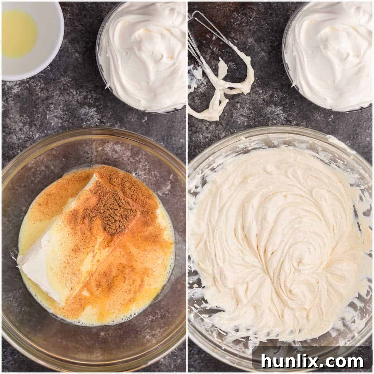 Mixing cream cheese, eggnog, nutmeg, and rum extract in a bowl with a hand mixer to create the smooth base for the Eggnog Dip.
