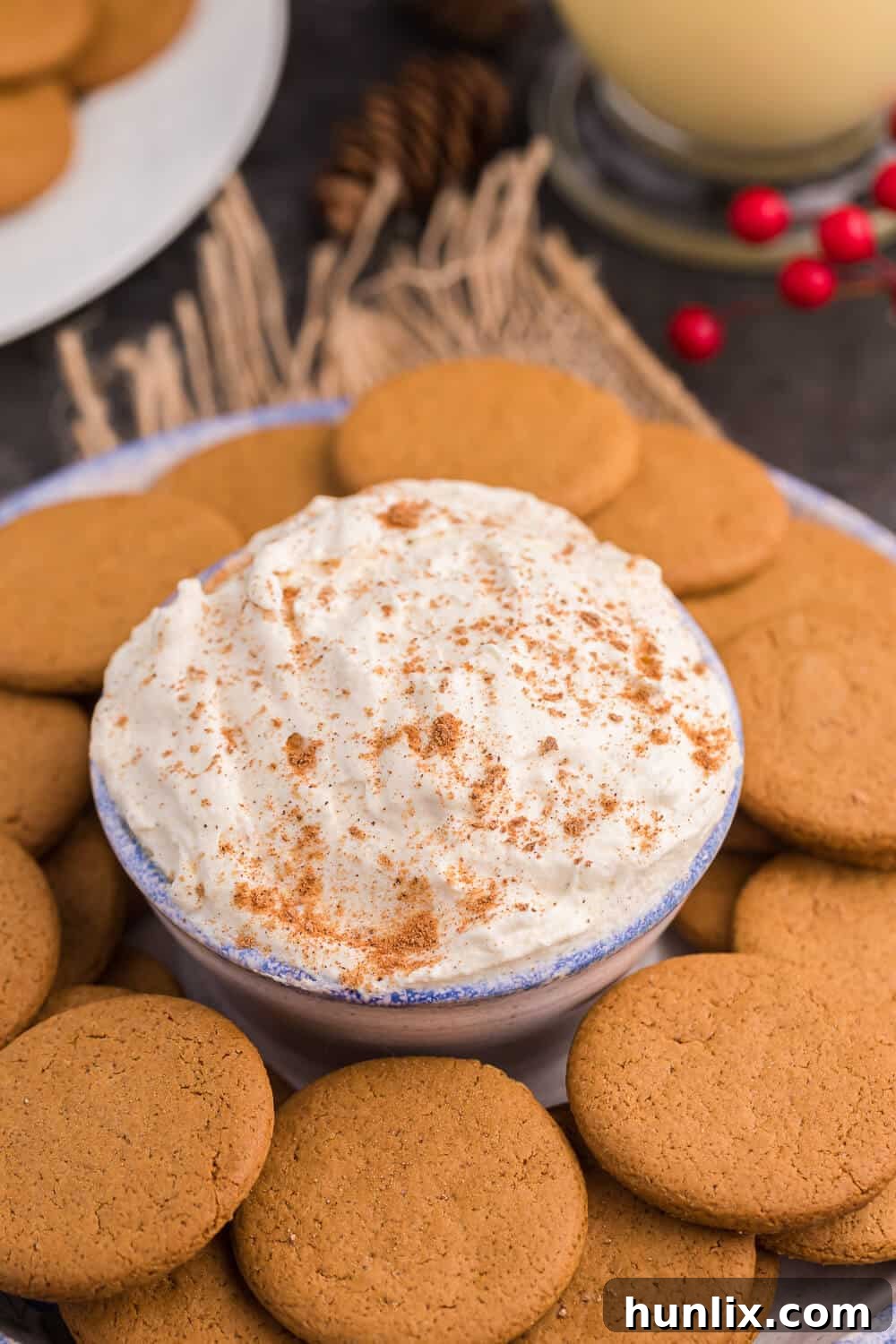 A close-up of a serving bowl filled with creamy Eggnog Dip, garnished with a sprinkle of nutmeg, surrounded by cookies.