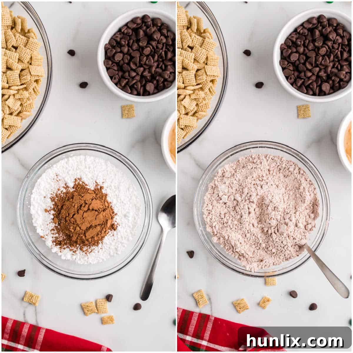A collage showing the dry ingredients (powdered sugar and cocoa powder) being mixed in a bowl.