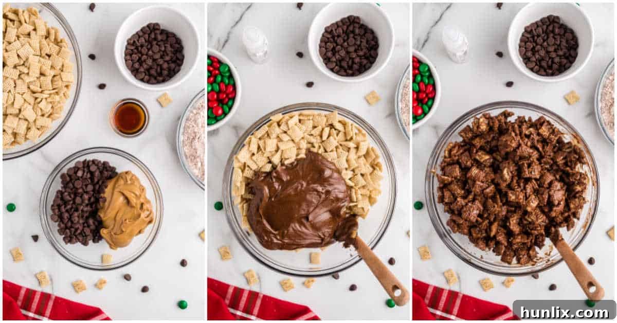 A collage showing the melted chocolate and peanut butter mixture being poured over the cereal and then stirred.