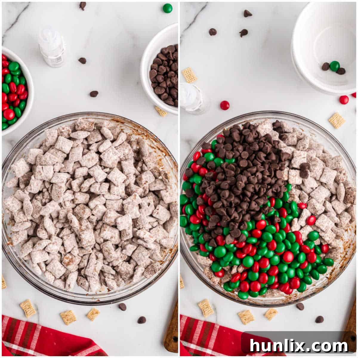 A collage showing the final steps of mixing in M&M's and chocolate chips into the Reindeer Chow.