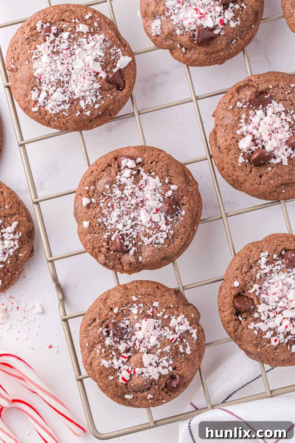 chocolate peppermint cookies on a wire baking rack