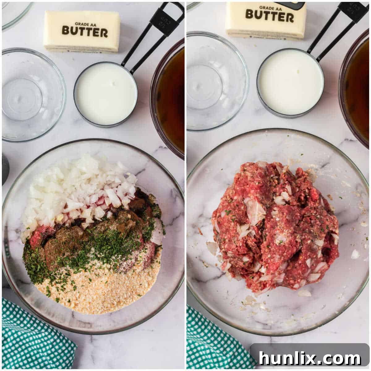 Traditional Swedish Meatballs 4 Mixing the ingredients for Swedish meatballs in a bowl.