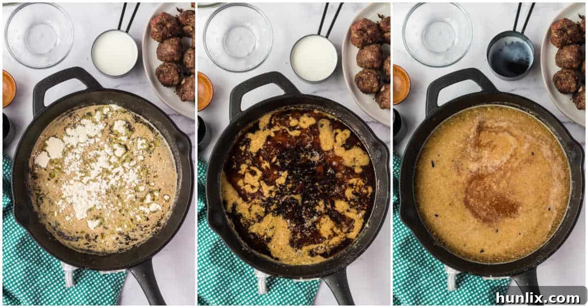 Traditional Swedish Meatballs 6 Swedish meatballs simmering in creamy gravy in a skillet.