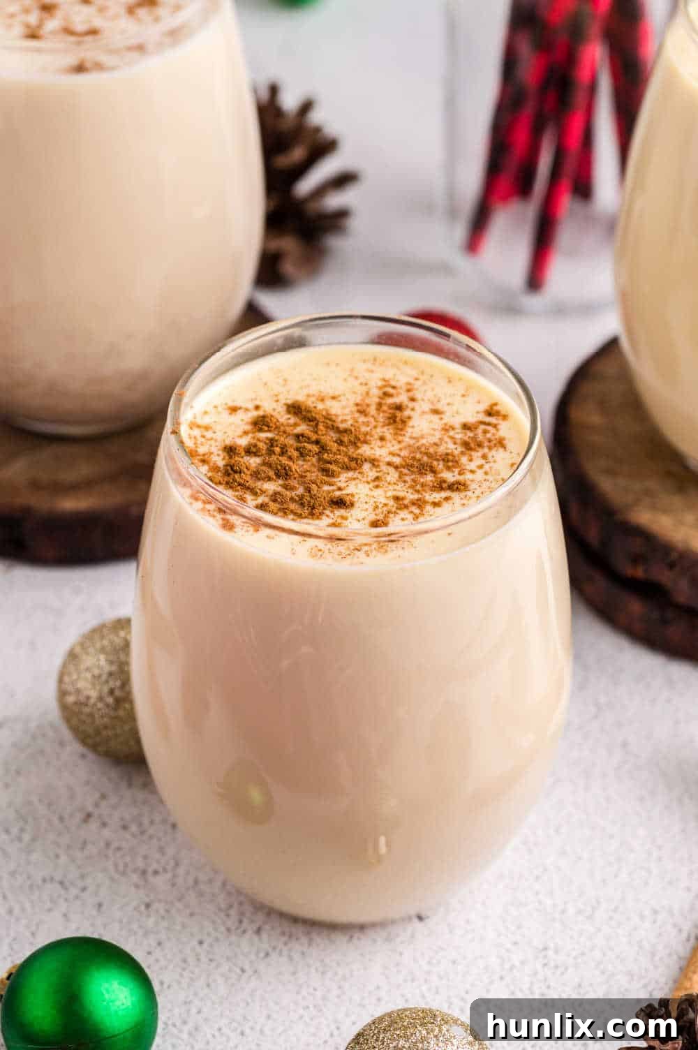 Velvet Spiced Eggnog 2 A glass of homemade eggnog.